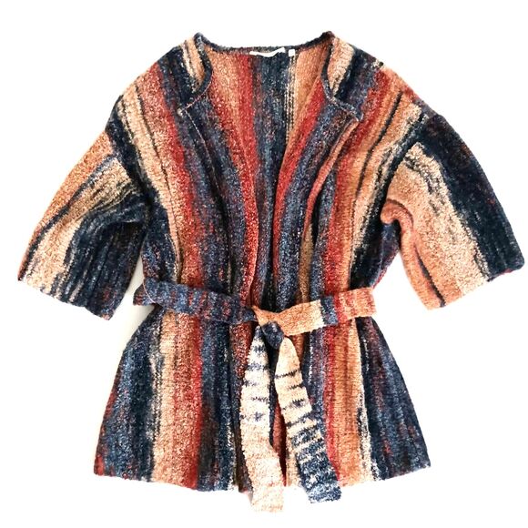 NEW Soft Surroundings Belted Nubby Knit Striped Sweater 1X Blue Gold Brick - Picture 1 of 8